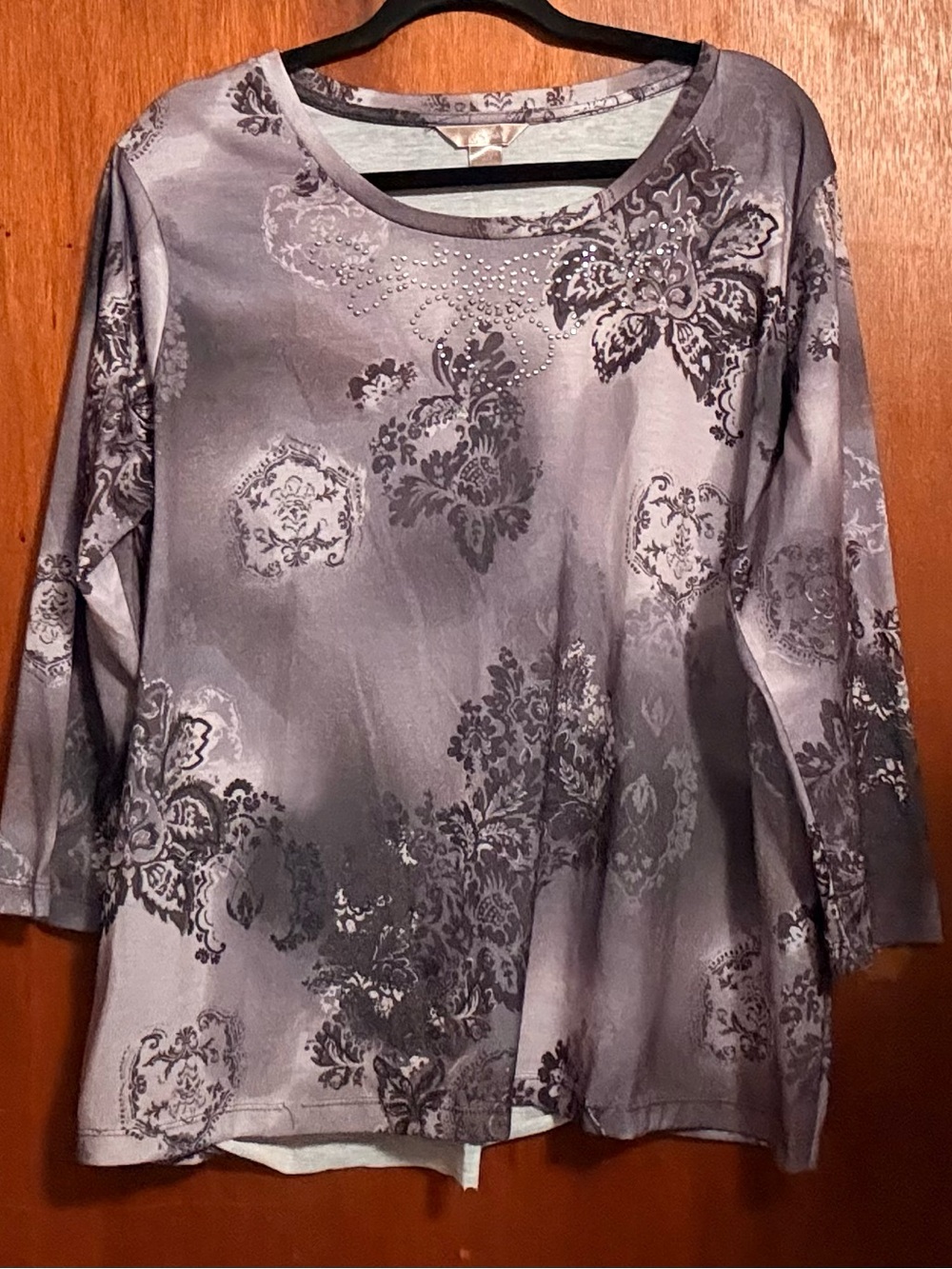 White Stag Womens 2XL Grey Paisley Damask Rhinestone 3/4 Sleeve Top Shirt 20
